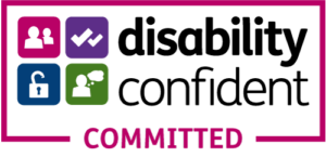 Disability Confident logo featuring a purple and green design with a checkmark, symbolizing commitment to inclusivity and supporting disabled people in the workplace.